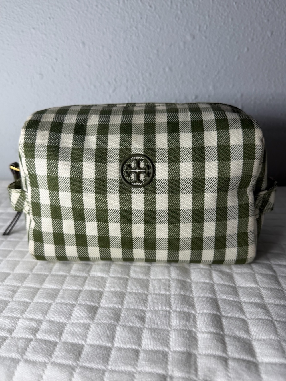 Tory Burch Olive Green and White Gingham Large Cosmetic Bag